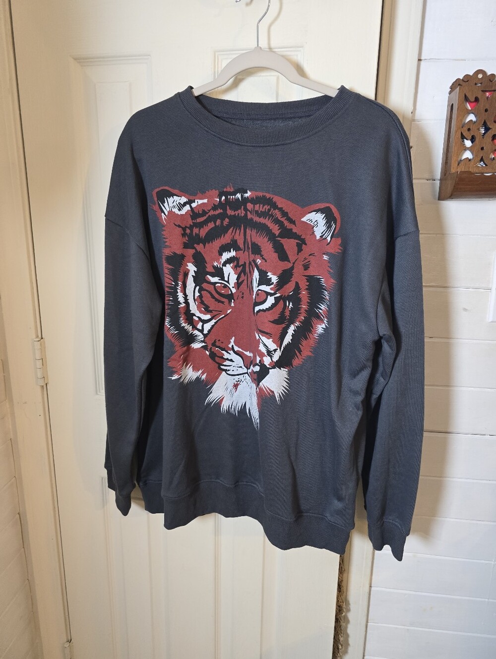 Women's Charcoal Sweatshirt with Red Tiger Graphic